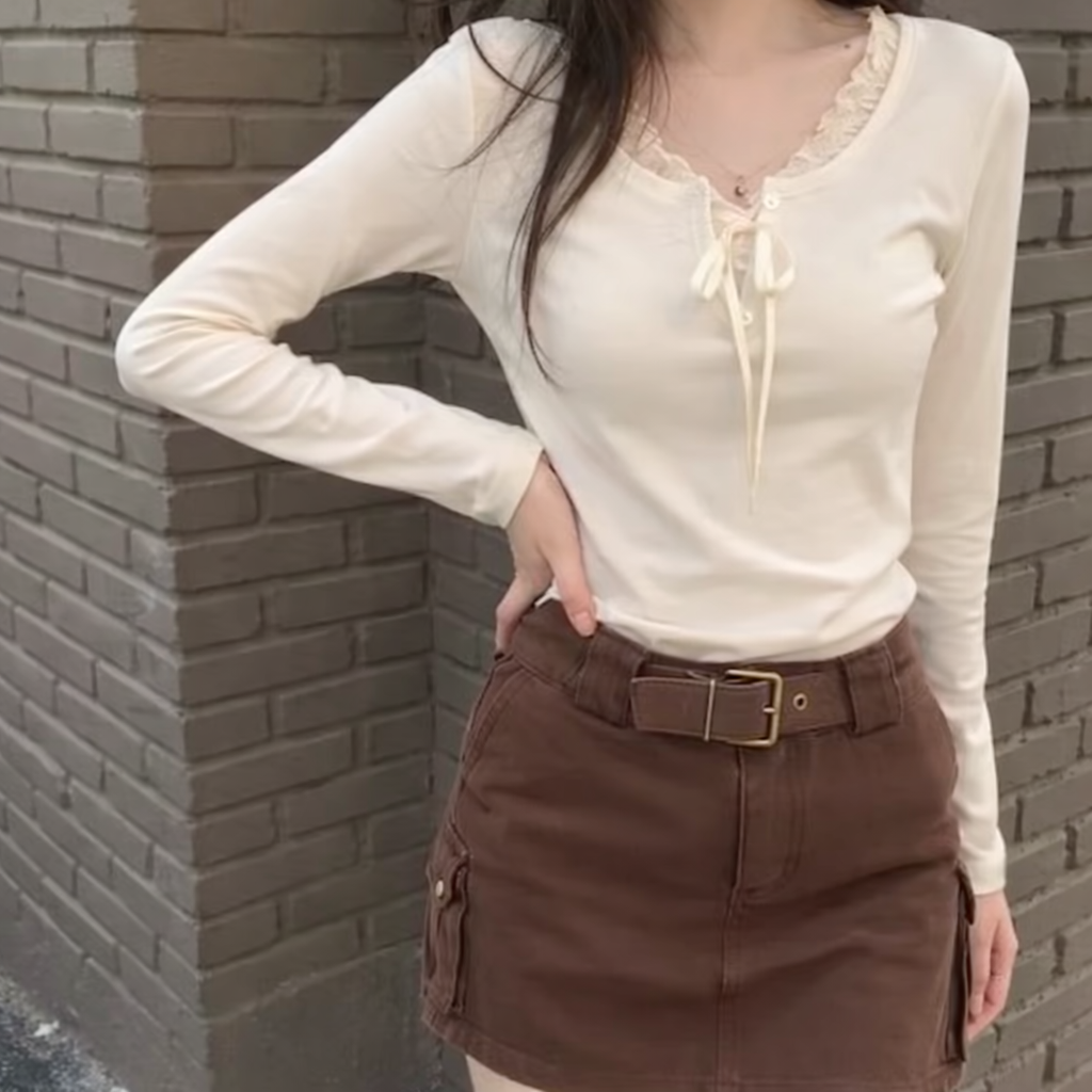 T-shirt Patchwork con Fiocco – Soft Korean Style