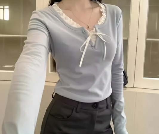 T-shirt Patchwork con Fiocco – Soft Korean Style