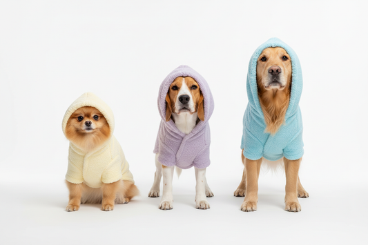 Tre cani con accappatoio e cappuccio - piccolo, medio e grande