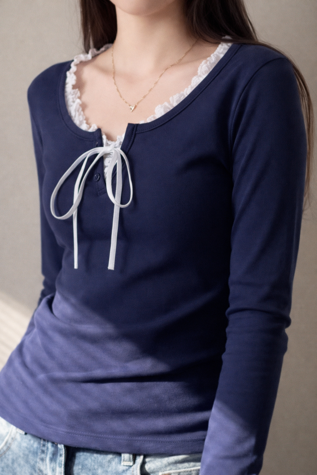 T-shirt Patchwork con Fiocco – Soft Korean Style