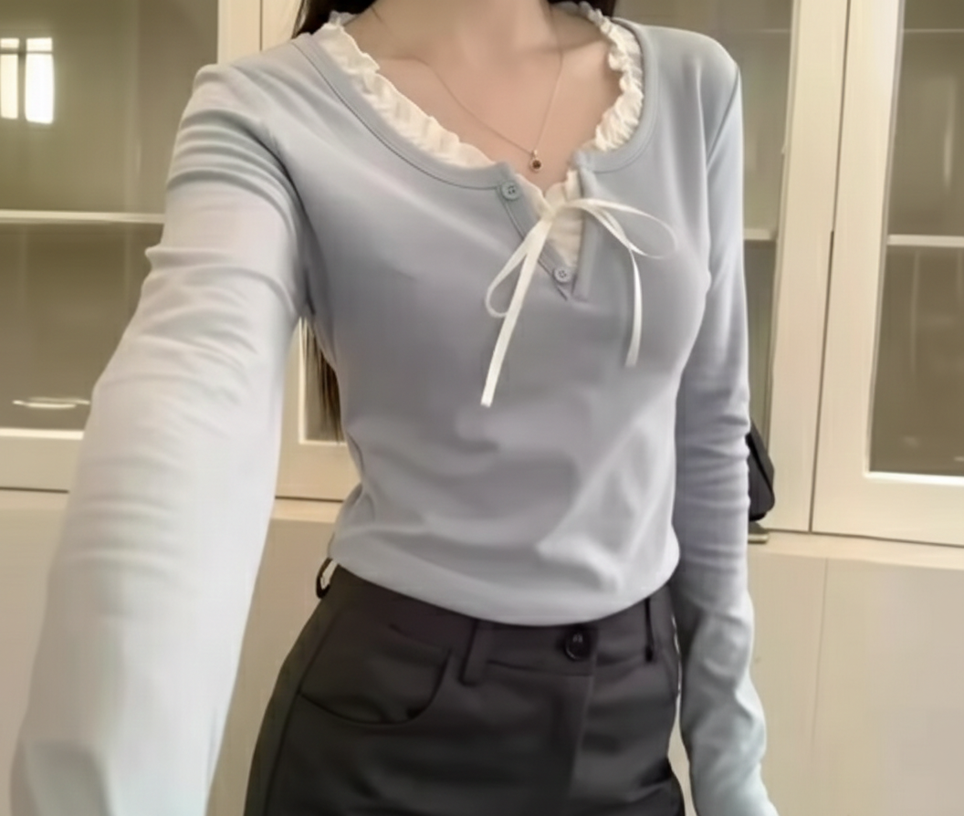 T-shirt Patchwork con Fiocco – Soft Korean Style