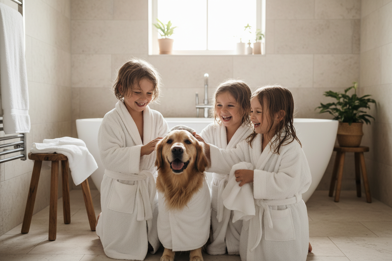 Bambini e cane con accappatoio