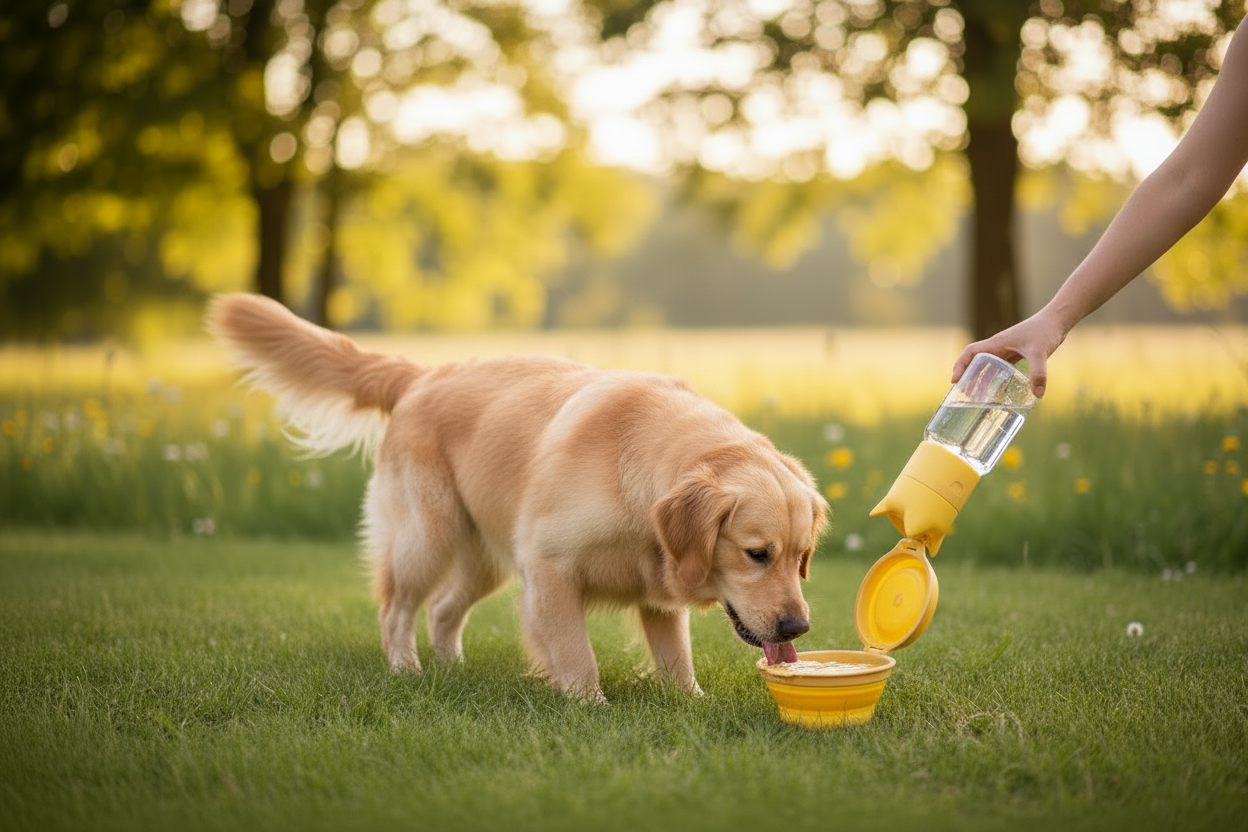 Cane che beve dalla borraccia con ciotola integrata