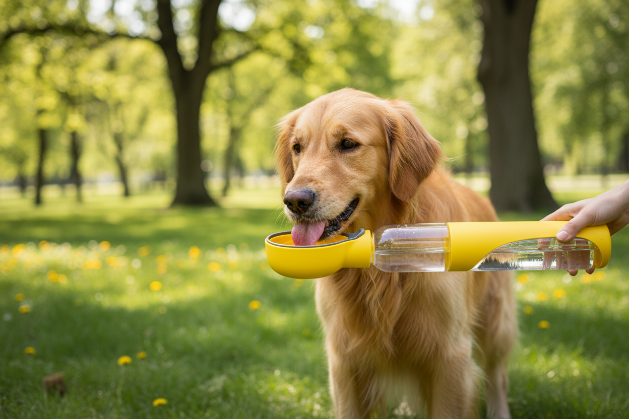 Cane che beve dalla borraccia