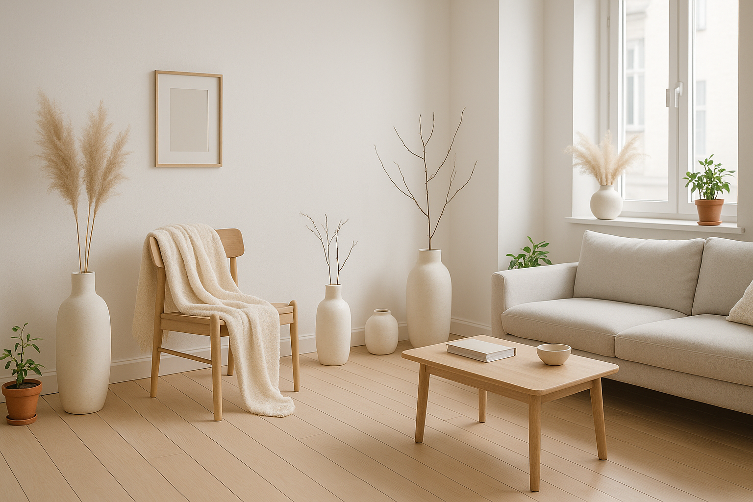 crea un'immagine di un interno di una casa con un'atmosfera scandinavo-nordica, generica ma con degli items tipo vasi bianchi ecc, che vada bene con la prima immagine della slide